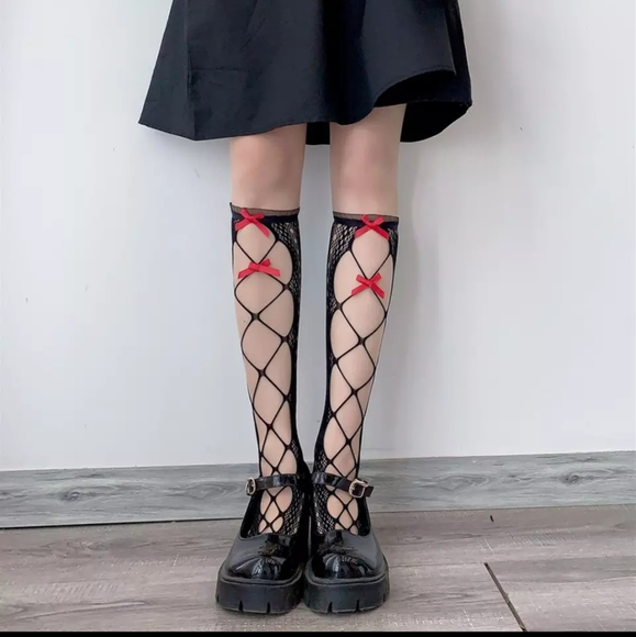 Accessories - HP!NIP 2 Pack Sexy Gothic Lolita Black Crochet Fishnet Red Bow Knee High Nylons!